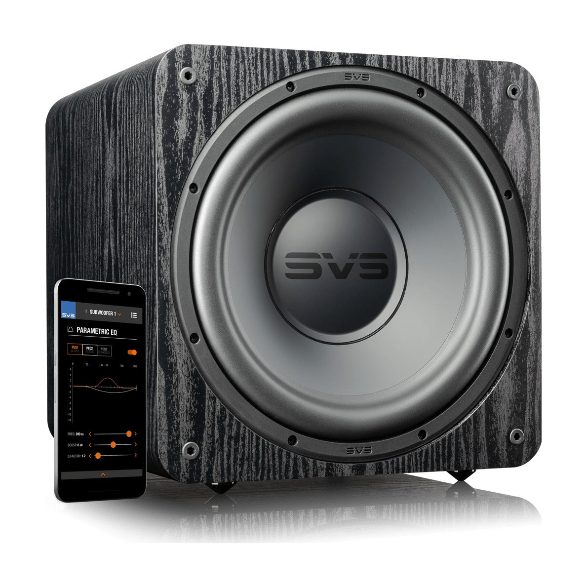 Subwoofer SVS SB-1000 Pro en acabado Black Ash, vista frontal sin parrilla