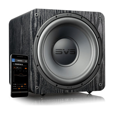 Subwoofer SVS SB-1000 Pro en acabado Black Ash, vista frontal sin parrilla