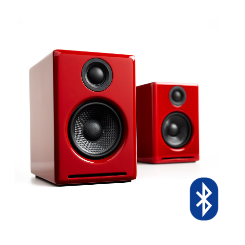 Los parlantes Audioengine A2+ Wireless en rojo
