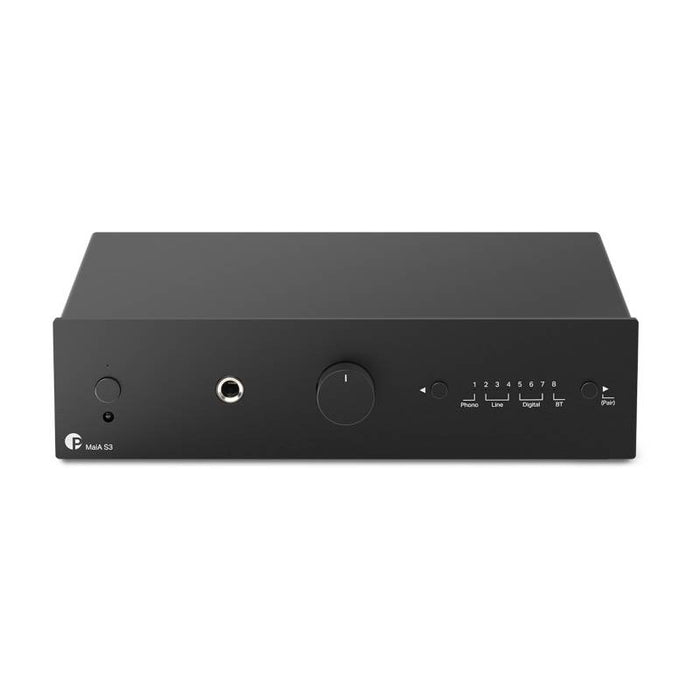 Amplificador Integrado Maia S3 - Vista frontal compacta con controles, diseño europeo plateado