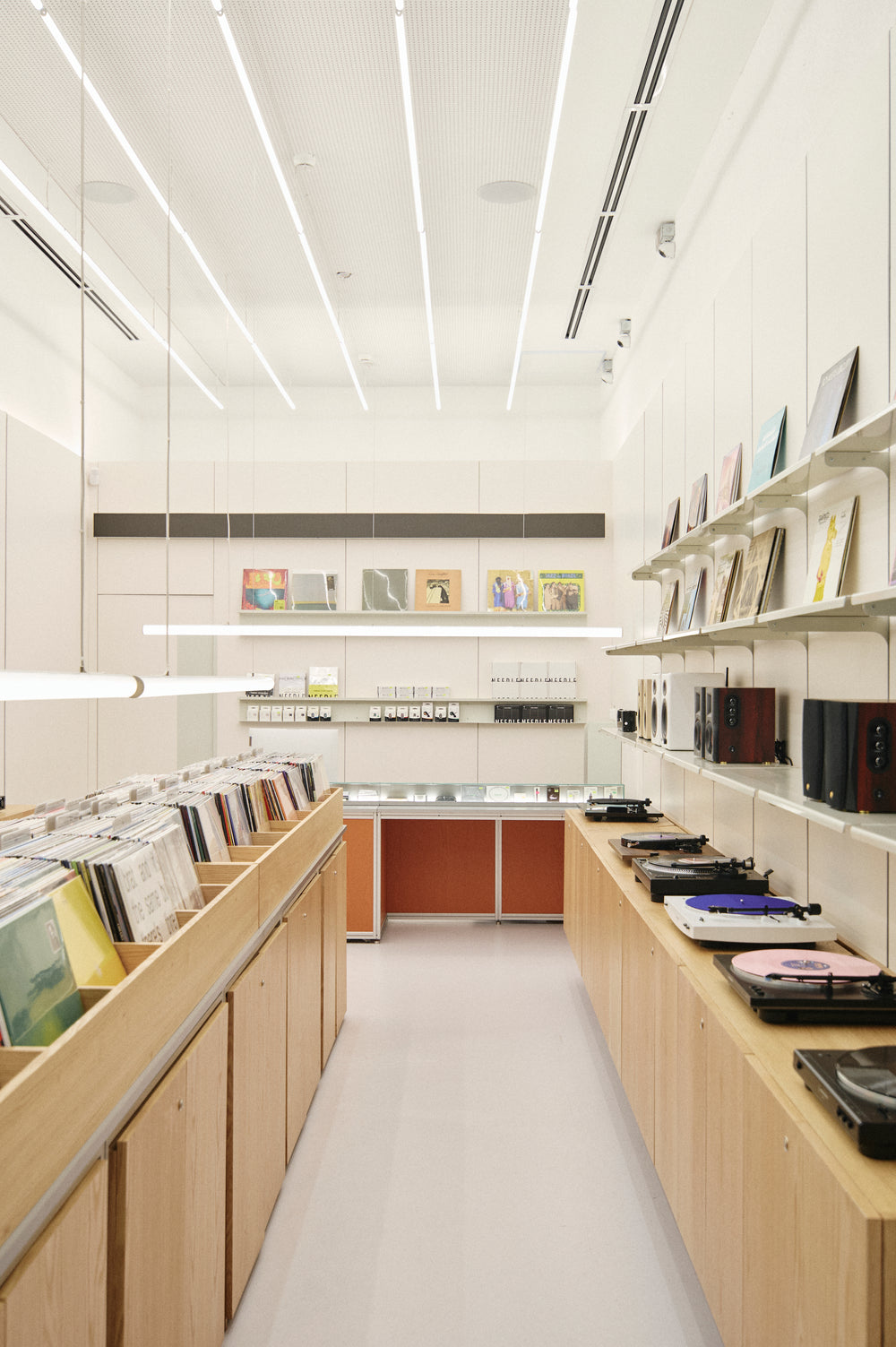 Interior de la tienda Needle Mallplaza Vespucio, con bateas de vinilos y tornamesas
