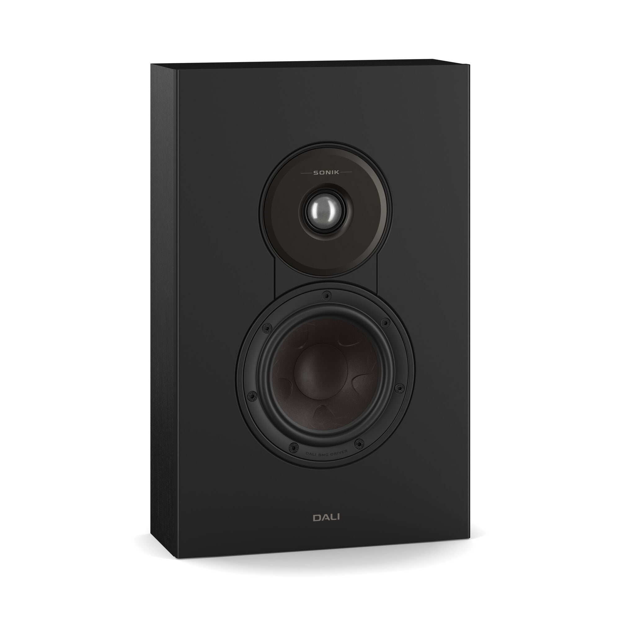 Parlantes de pared DALI Sonik On-Wall en Black Ash, de frente sin grilla