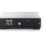 Panel trasero del pre phono Rega Fono MM Mk5, con las entradas y salidas RCA rotuladas INPUT y OUTPUT, el tornillo de tierra al centro y el conector de 24 V