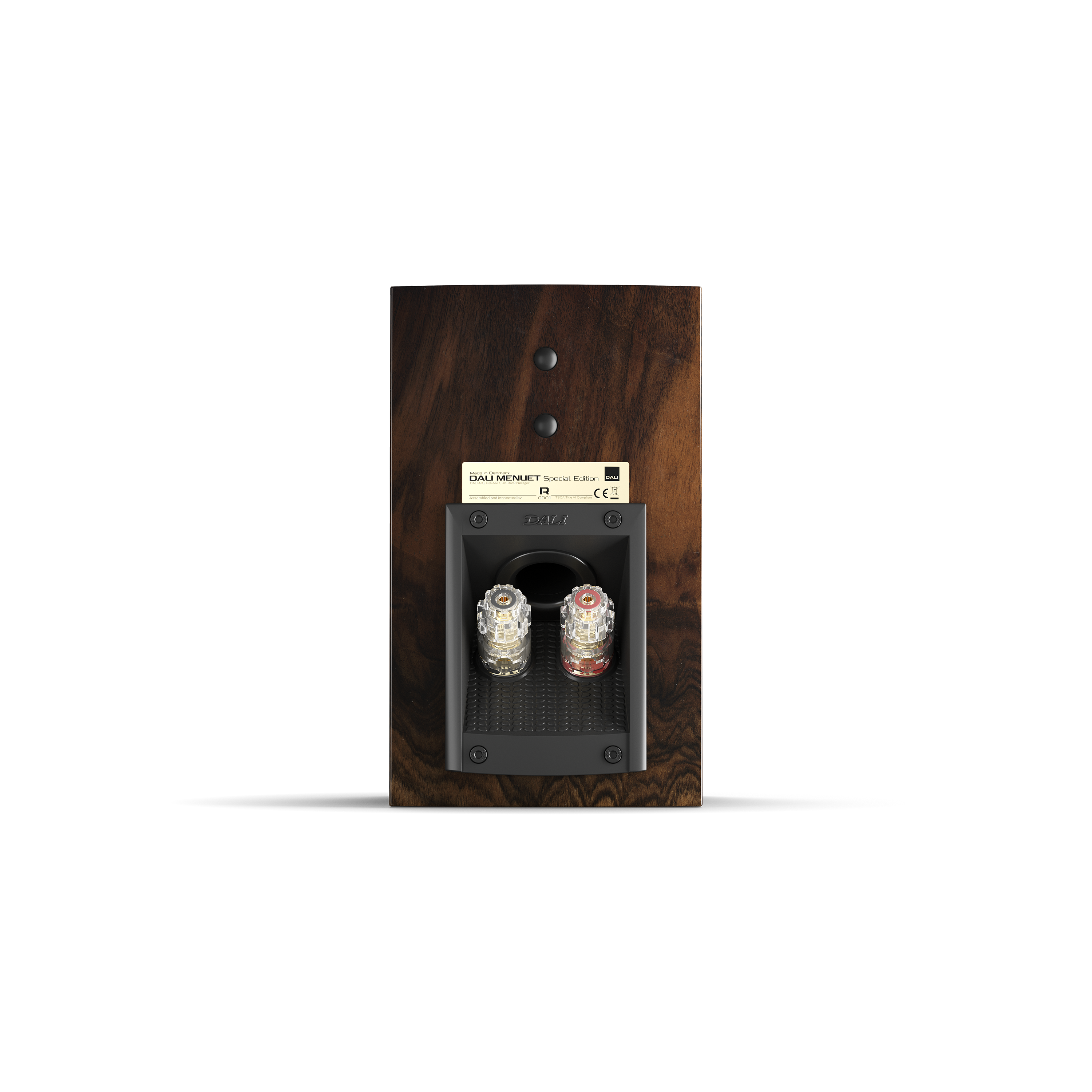 Parlantes MENUET SE vista trasera, terminales bañados en oro EPICON y puerto bass reflex