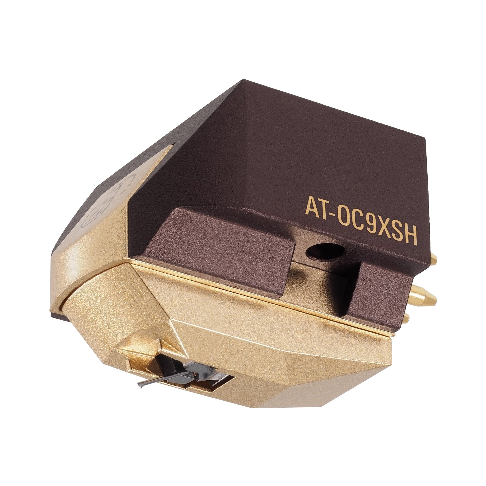 Cápsula MC AT-OC9xSH - Vista frontal con cuerpo de aluminio y aguja Shibata desnuda de alta resolución