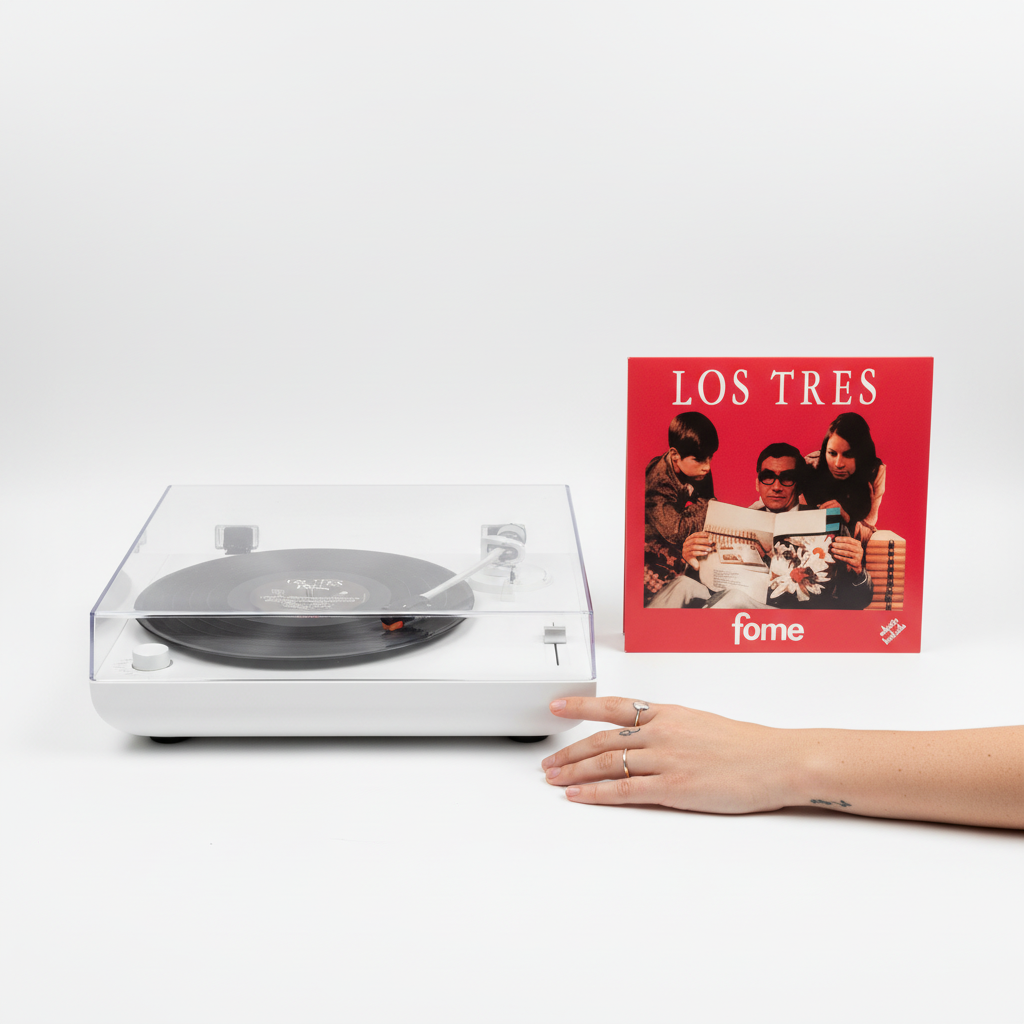 Los Tres Fome en tornamesa - mano con tatuajes sutiles