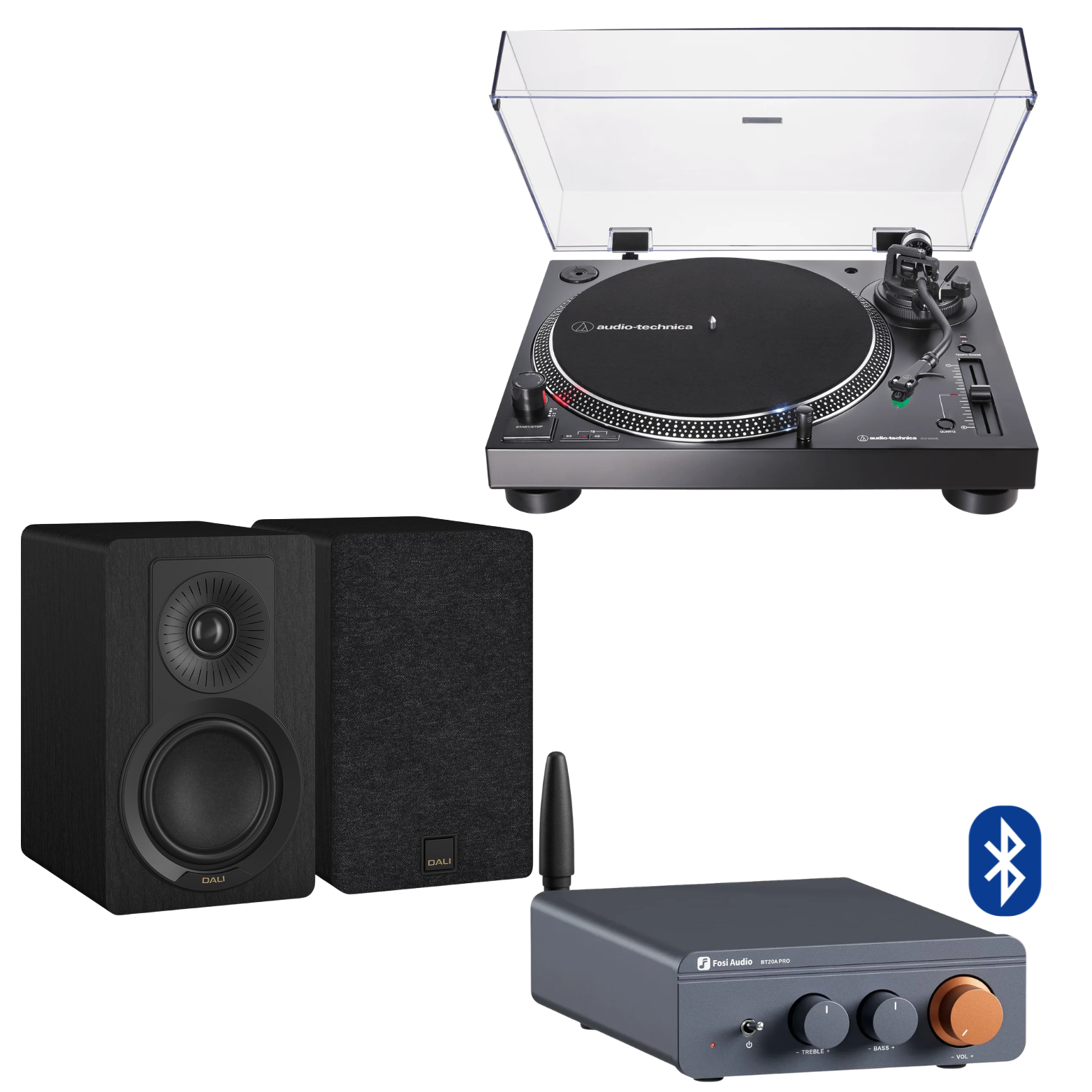 Pack Tornamesa AT-LP120XUSB + Amplificador Fosi BT20A Pro + Parlantes DALI Kupid · Negro