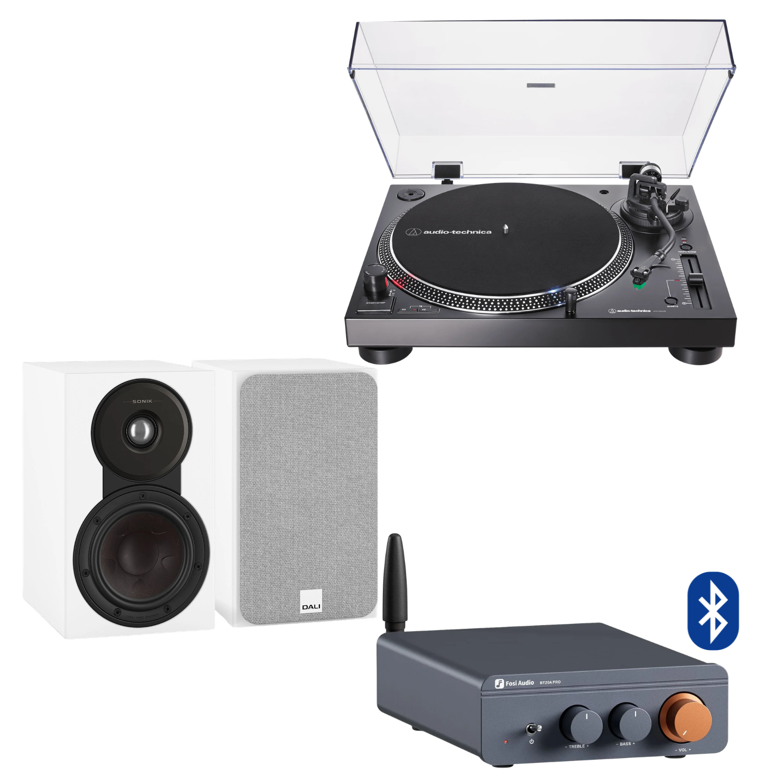 Pack Tornamesa AT-LP120XUSB + Amplificador Fosi BT20A Pro + Parlantes DALI Sonik 1 · Blanco