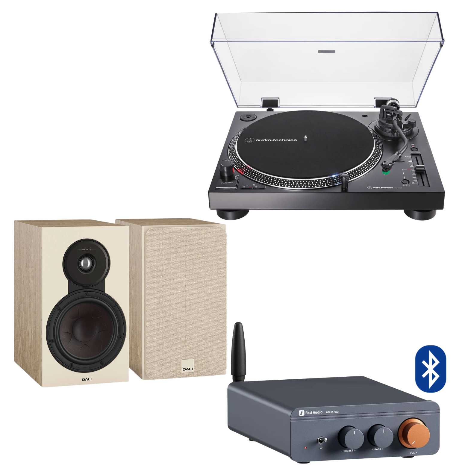 Pack Tornamesa AT-LP120XUSB + Amplificador Fosi BT20A Pro + Parlantes DALI Sonik 1 · Natural Oak