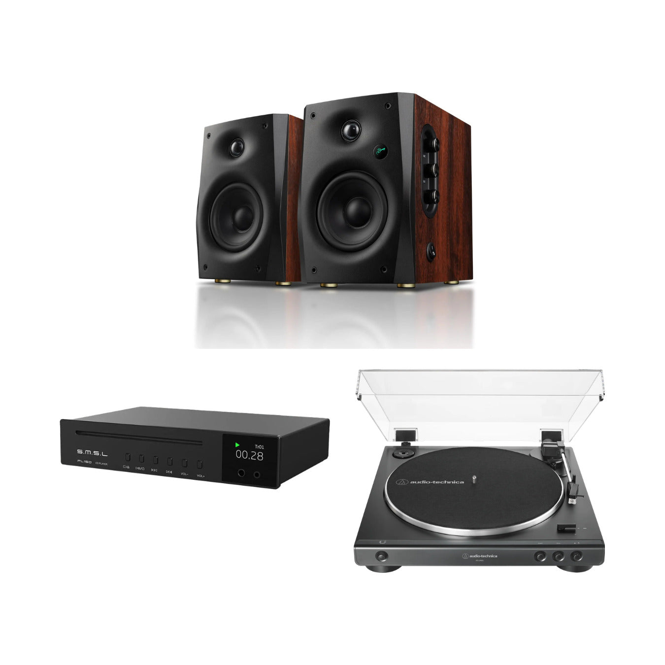Pack Tornamesa AT-LP60X + Reproductor de CD PL150 + Parlantes Activos D1100