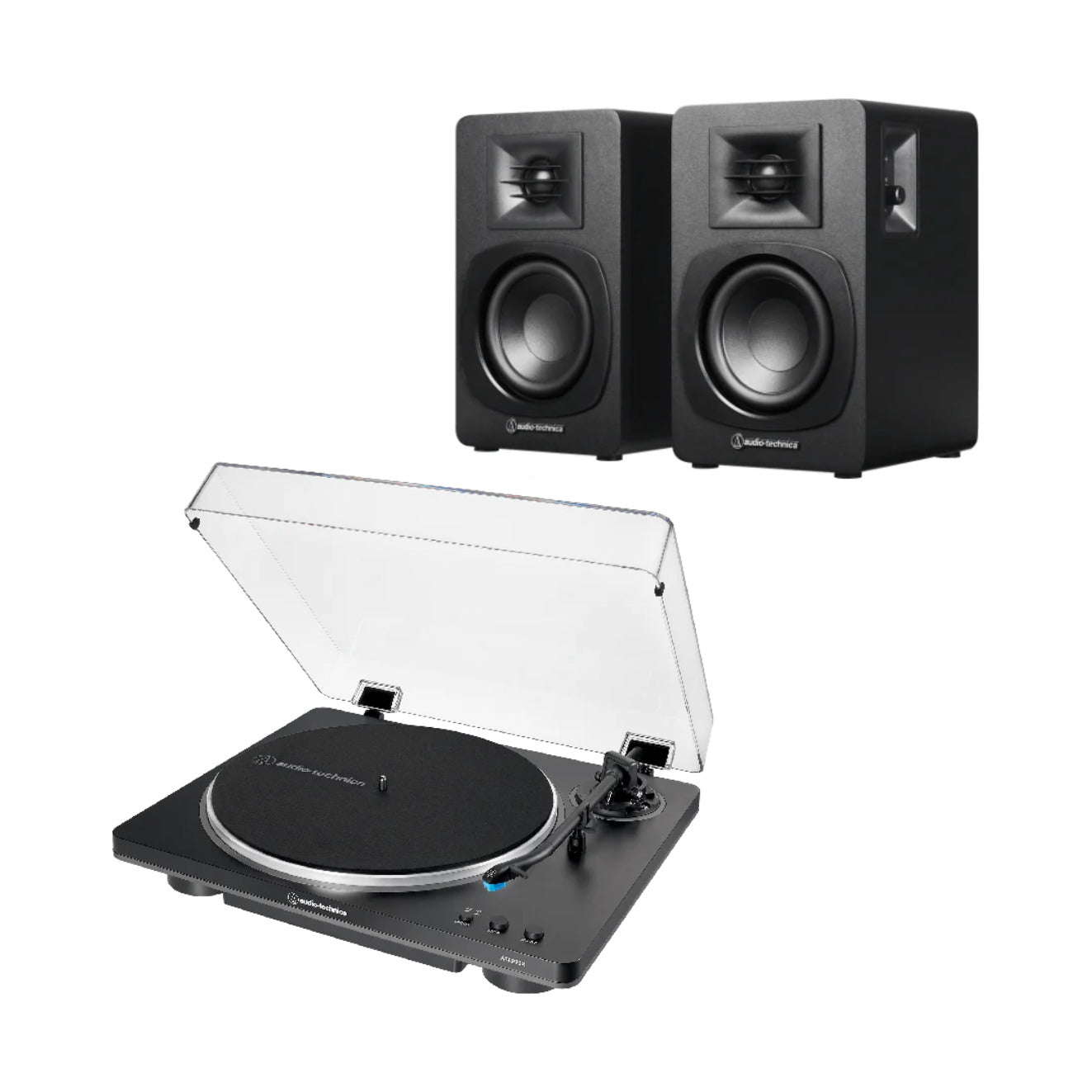 Pack tornamesa AT-LP70X negra automática con parlantes AT-SP3X, sistema compacto mejorable
