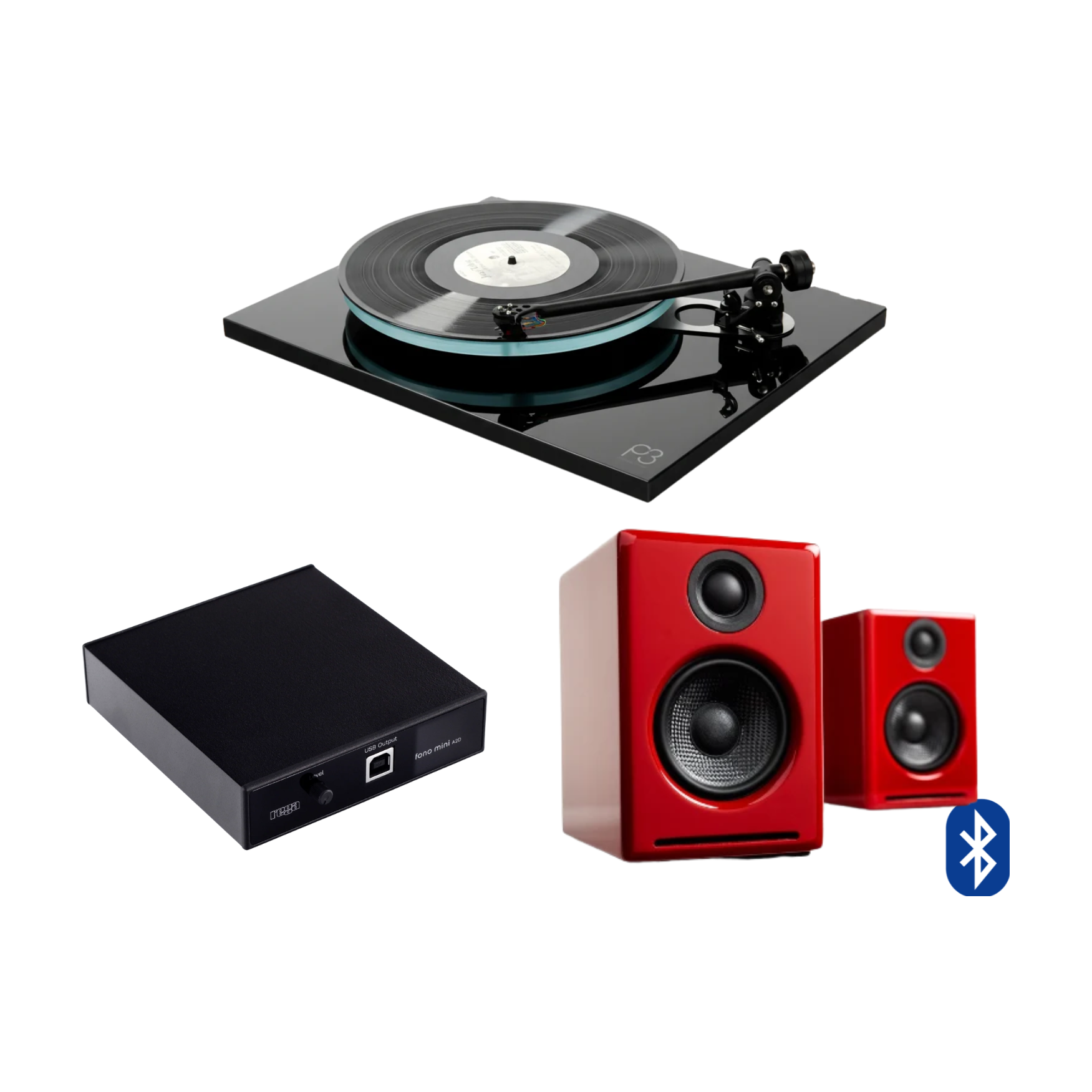 Planar 3 con pre phono A2D y parlantes A2+ Negro / Rojo