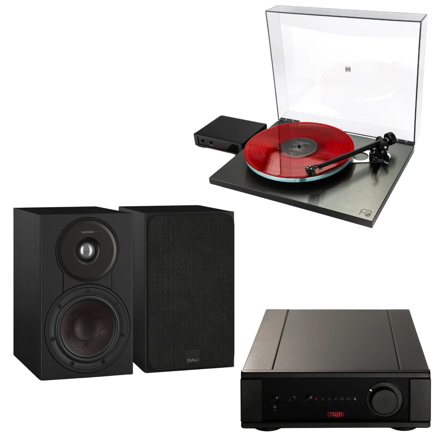 Pack Tornamesa Rega Planar 3 RS + Amplificador Rega Brio MK7 + Parlantes DALI Sonik 1 · Black Ash
