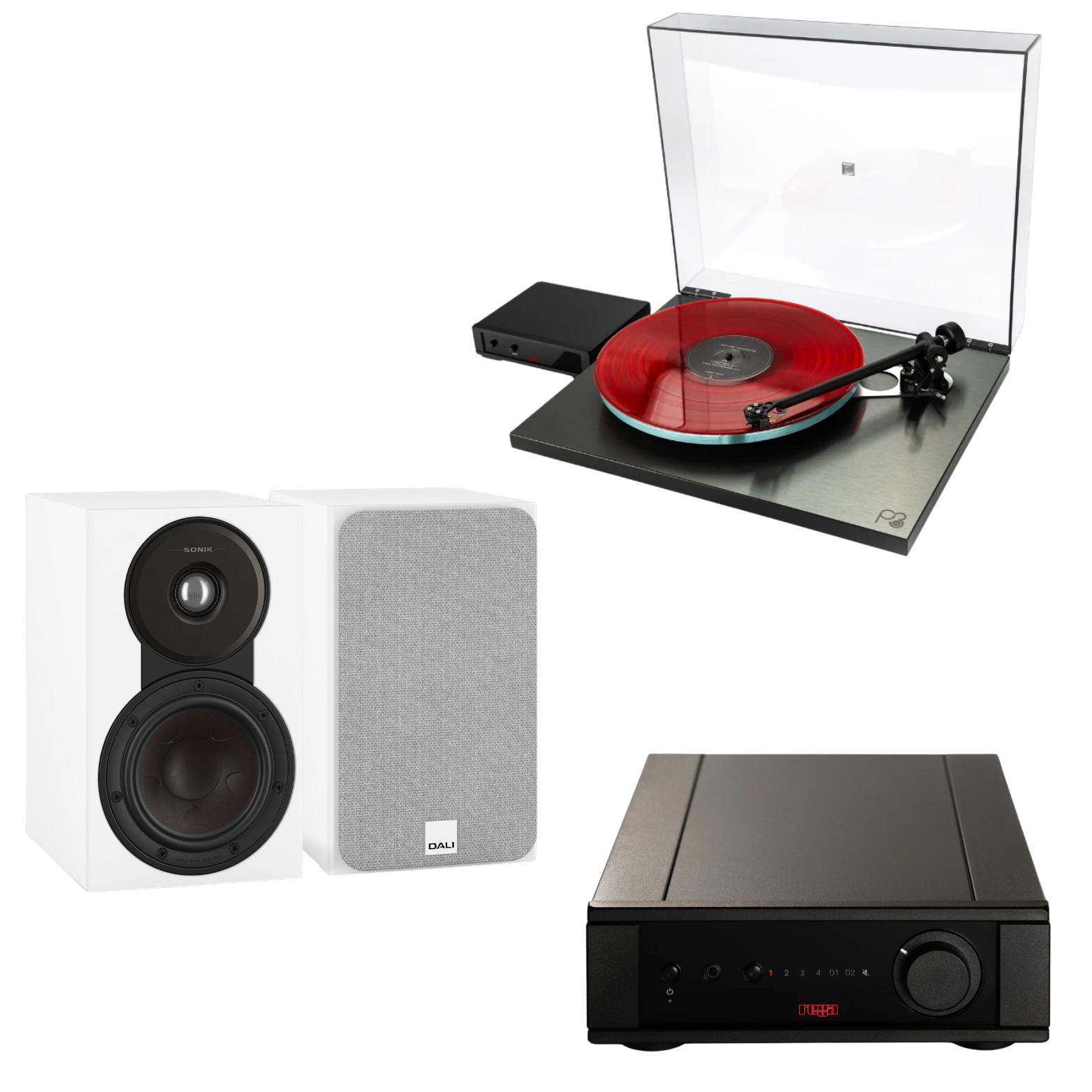 Pack Tornamesa Rega Planar 3 RS + Amplificador Rega Brio MK7 + Parlantes DALI Sonik 1 · Blanco