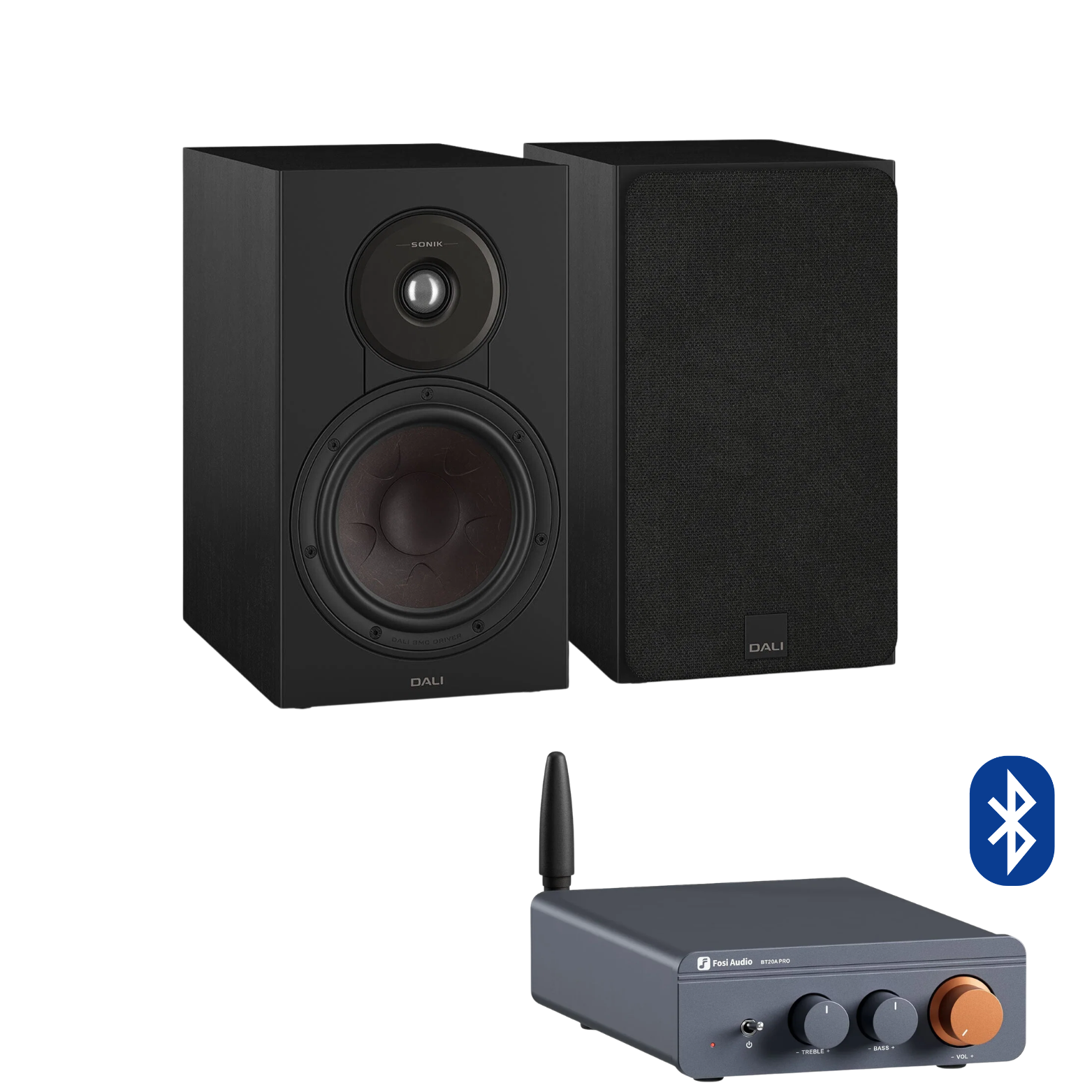 Pack Parlantes DALI Sonik 1 + Amplificador Fosi BT20A Pro · Black Ash