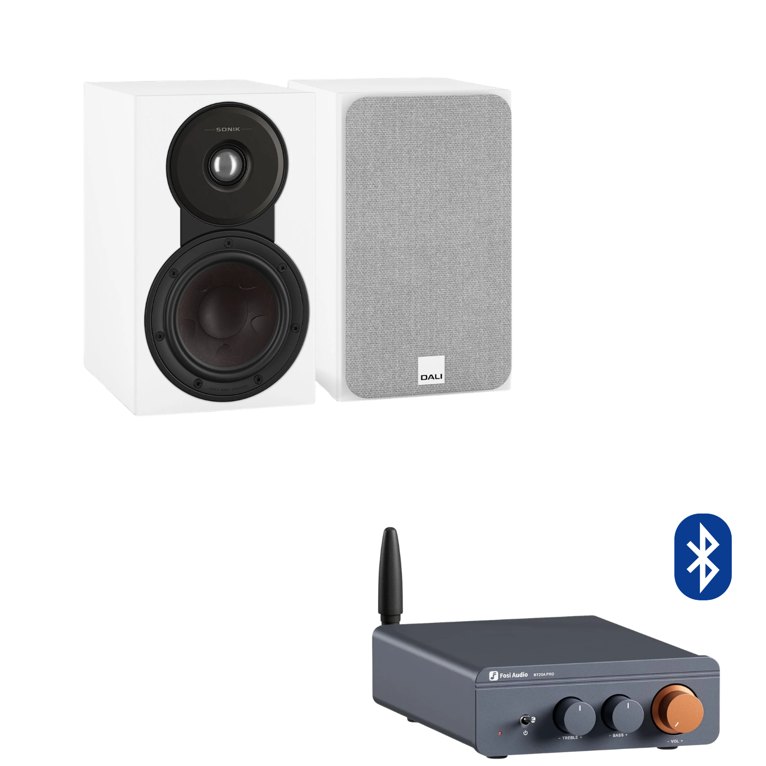 Pack Parlantes DALI Sonik 1 + Amplificador Fosi BT20A Pro · Blanco