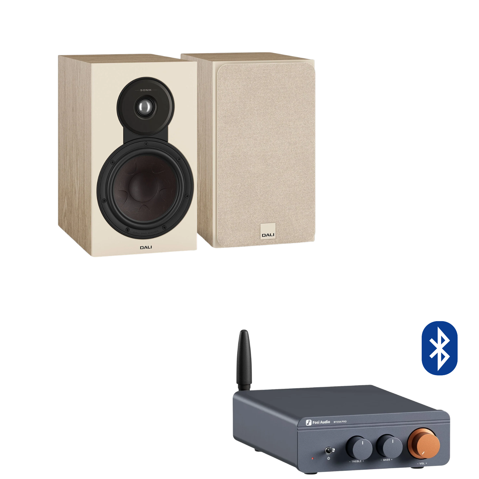 Pack Parlantes DALI Sonik 1 + Amplificador Fosi BT20A Pro · Natural Oak