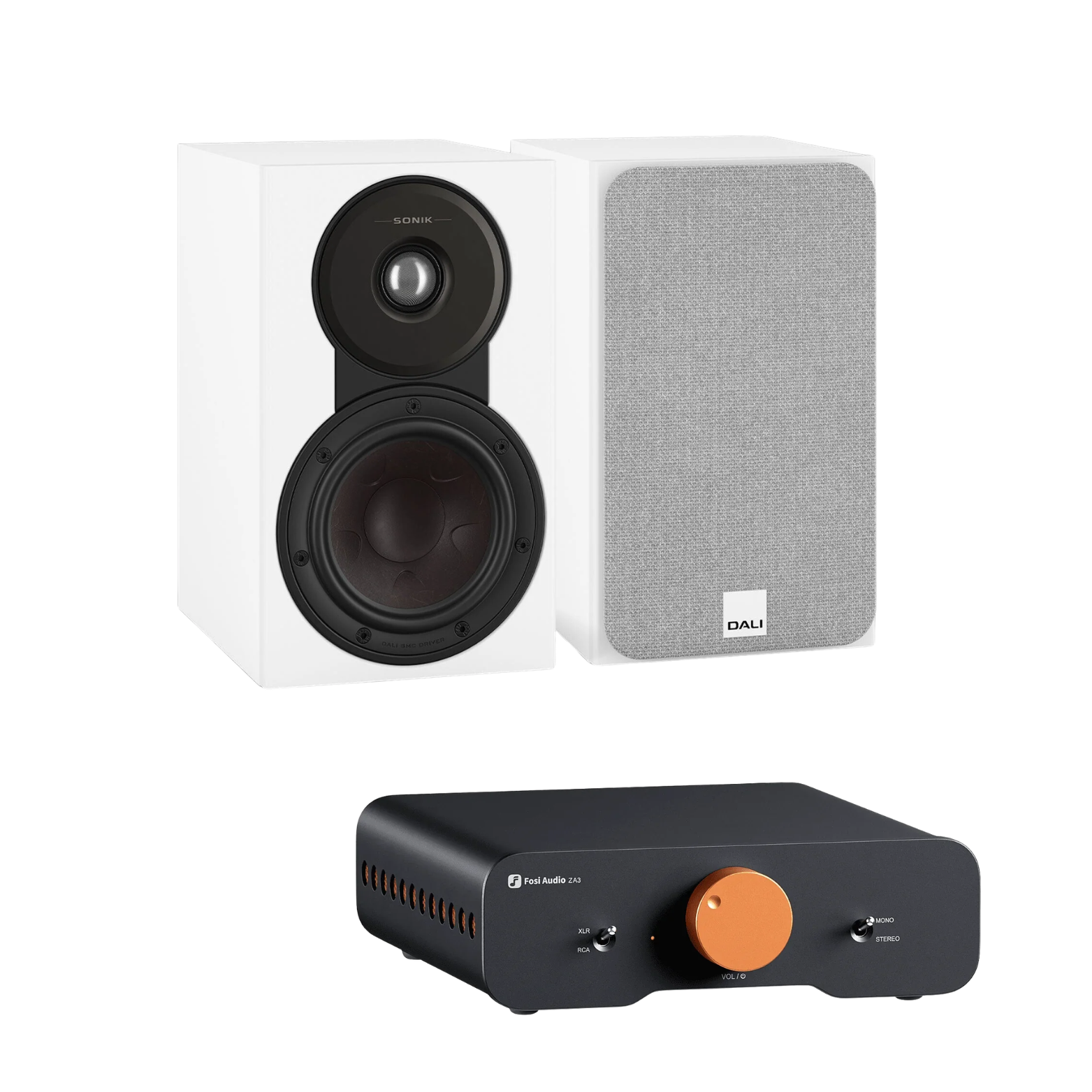 Pack Parlantes DALI Sonik 1 + Amplificador Fosi ZA3 · Blanco