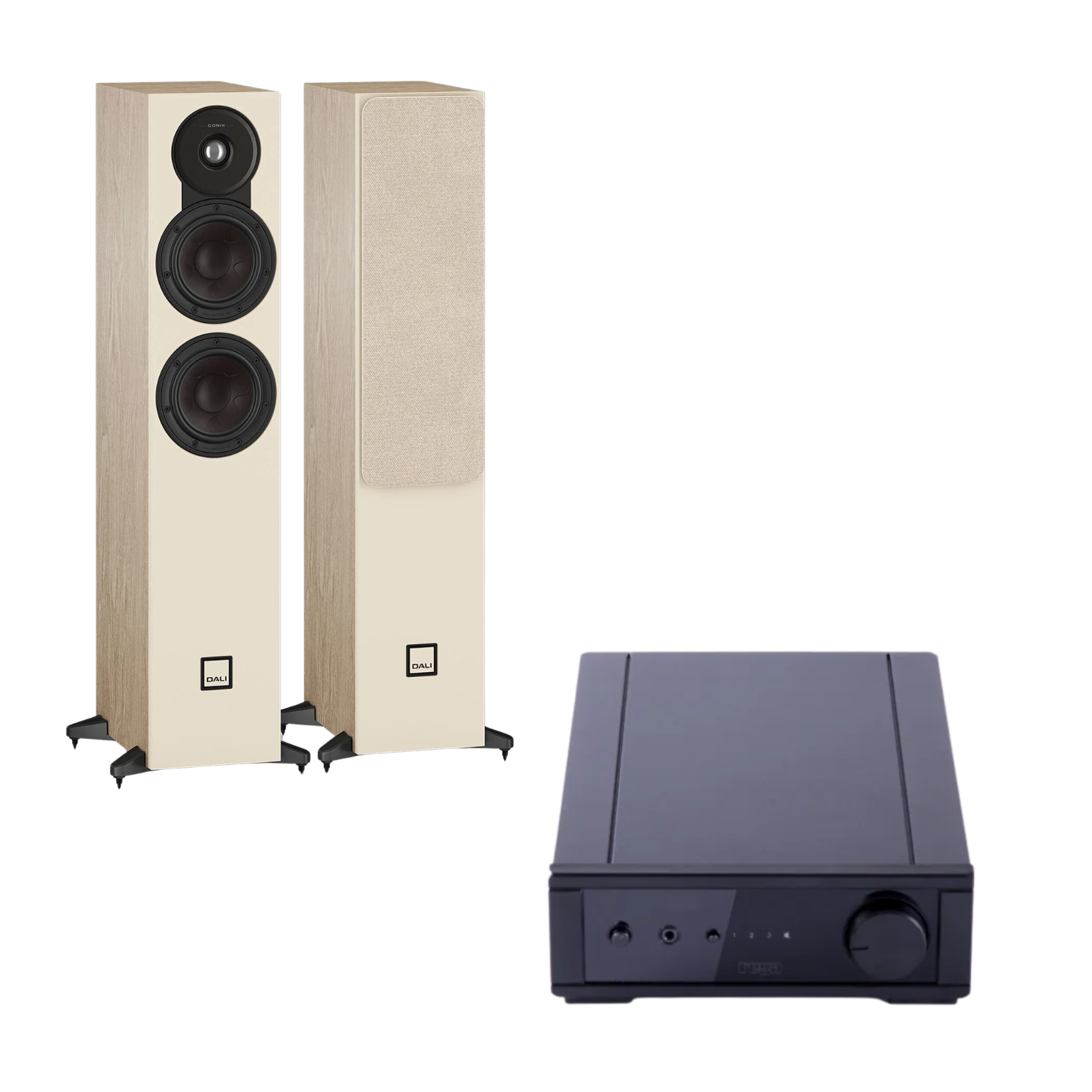 Pack Parlantes de columna DALI Sonik 5 + Amplificador Rega io · Natural Oak