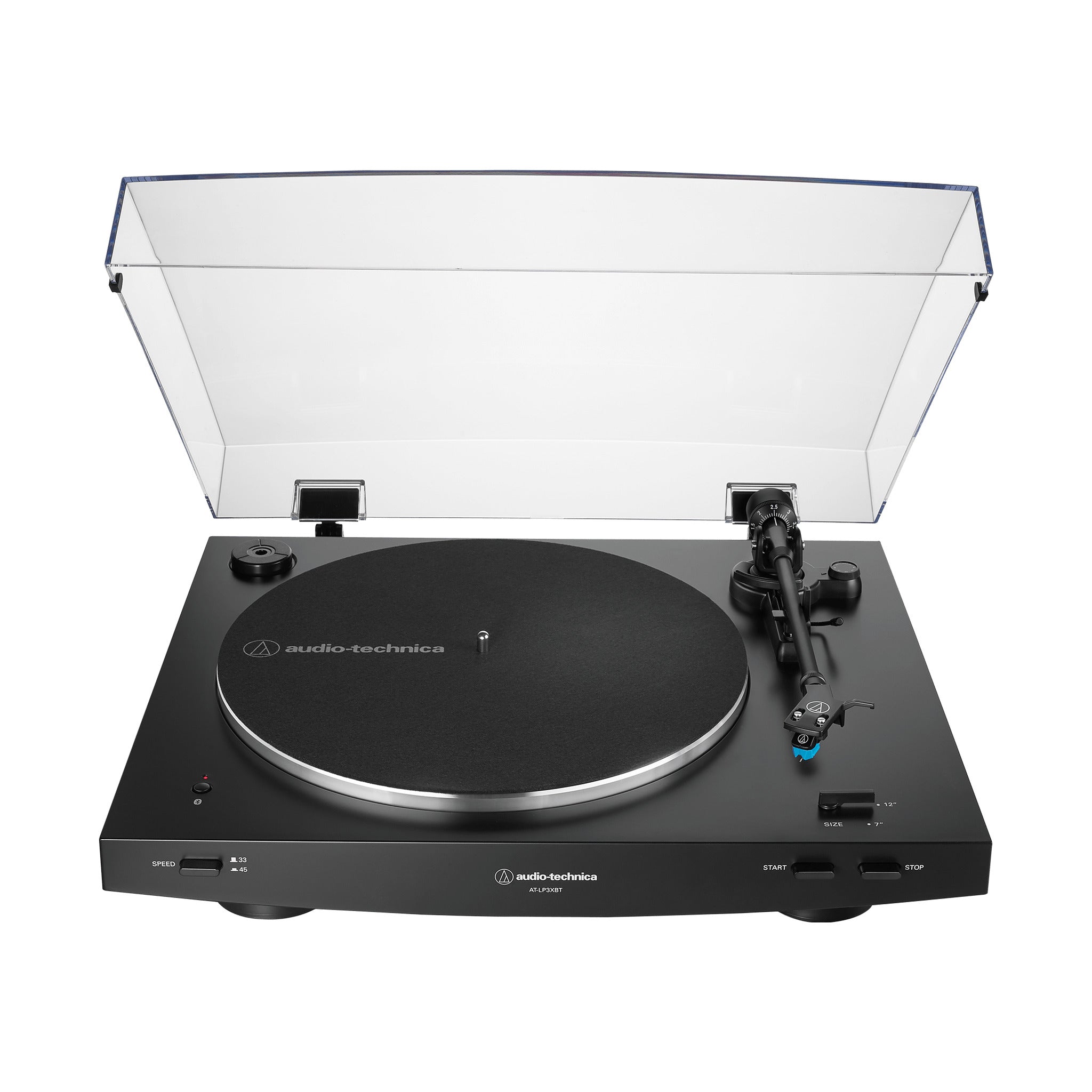 AT-LP3XBT negra con la tapa abierta, vista de frente