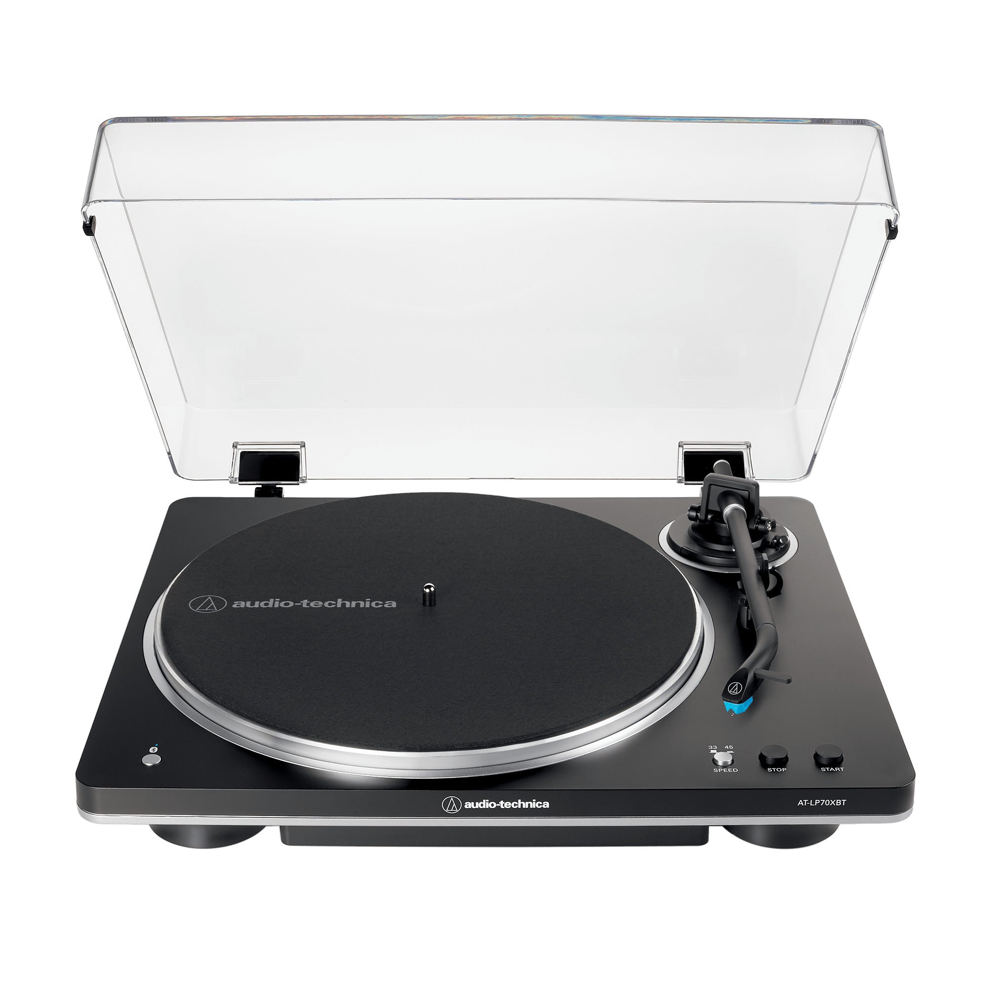 Tornamesa Audio-Technica AT-LP70XBT negro y gris, vista frontal con la tapa abierta