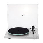 Rega Planar 2 blanca con la tapa abierta, vista de frente